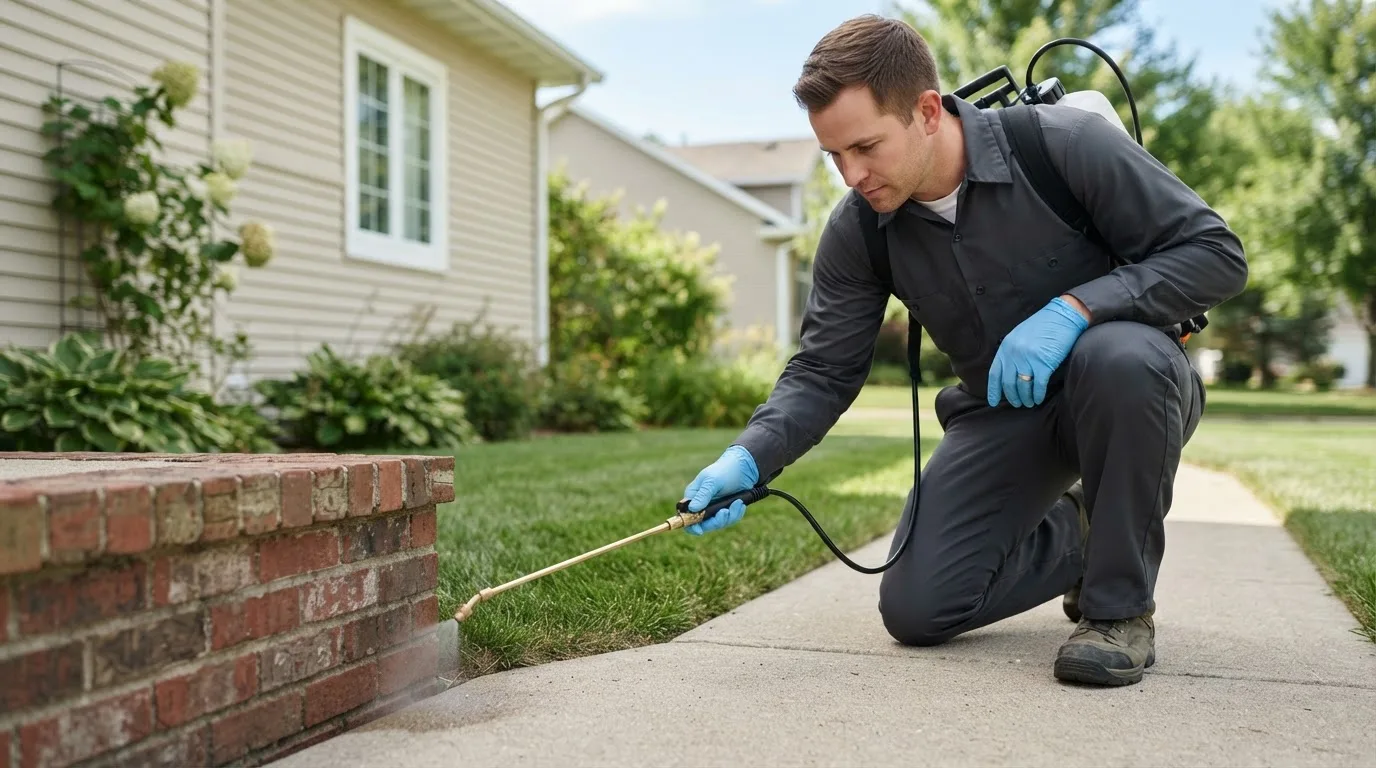 Pest control technician treating a home near New Plymouth, ID