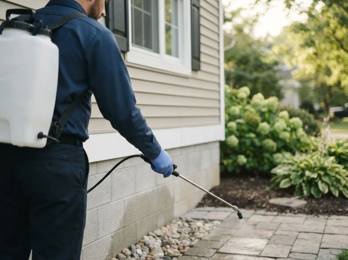 Pest control technician inspecting a home in New Plymouth, ID